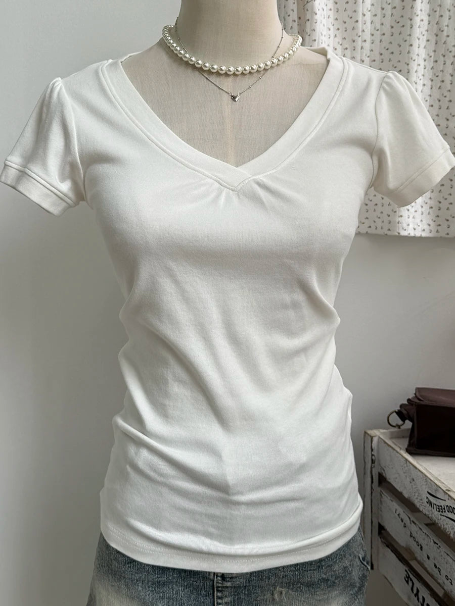 White V-neck Buttons T-shirts Women Simple All-match Casual Cotton Slim Short Sleeve Tee Sweet Cute Preppy Style Tshirt Y2K Tops
