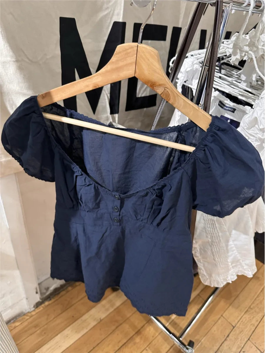 Vintage Navy Lace Trim T-shirts Women Summer New Casual Streetwear Buttons Short Sleeve Tees American Cute Tshirt Tops Y2K