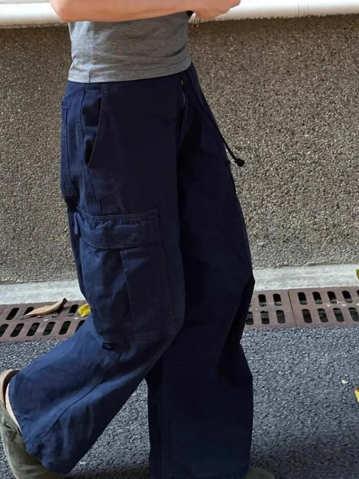 Navy BLue Pockets Loose Cargo Pants Women Spring Drawstring Hem Trousers Streetwear Straight Baggy Sweatpants Long Pant New Y2K