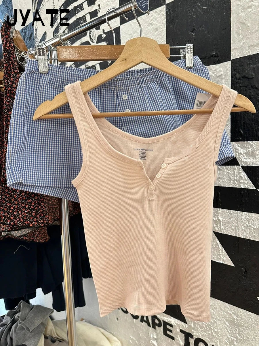 Sweet Pink Ribbed Cotton Tank Tops Women Summer New Casual Simple U Collar Slim Cropped Vests Vintage Chic Basic Camisole Y2K