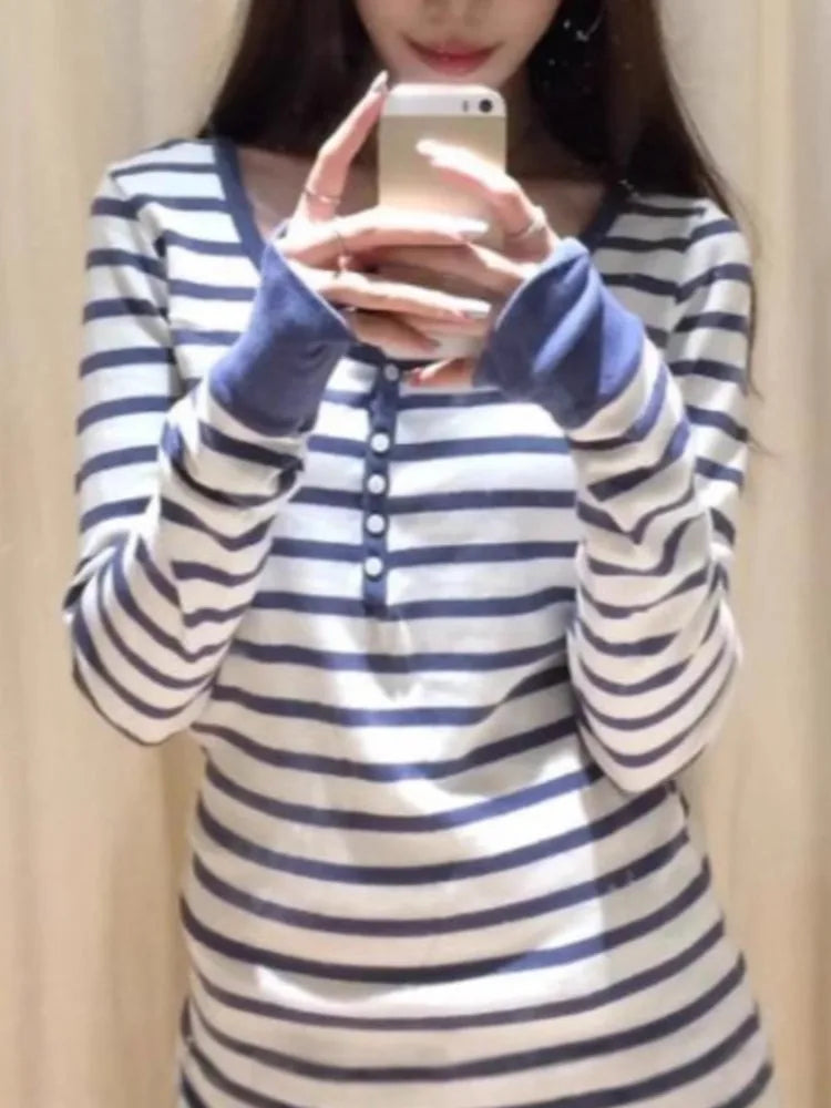 Sweet Pink Six Buttons Ribbed Long Sleeve T-shirts Women Spring Round Neck Cotton Slim Tee Top Female Cute Tshirt Y2k Tops New