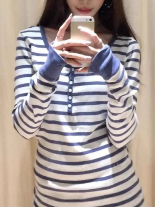 Blue White Striped T-shirt Women Buttons O-Neck Cotton Slim Patchwork Long Sleeve Tee Sweet Cute Preppy Style Tshirt Y2K Top New