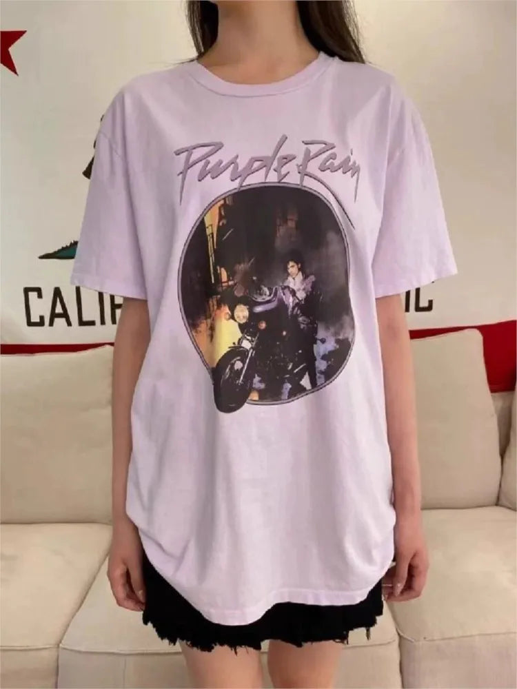 Purple Harley Motorcycle Print T-shirts Women Summer Casual Cotton O-neck Short Sleeve Tees Vintage Streetwear Chic Tee Y2K Tops