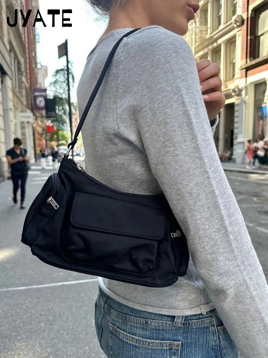 Nylon Pockets Zipper Shoulder Bag Women Four Season New Black High Quality Preppy Style Ladies Bags Vintage High Street Handbag