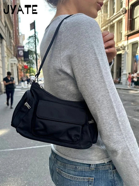 Nylon Pockets Zipper Shoulder Bag Women Four Season New Black High Quality Preppy Style Ladies Bags Vintage High Street Handbag
