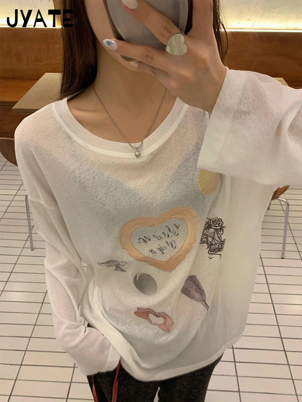 Sweet Graphic Print Long Sleeve Tees Smock Women New Casual White Thin O-neck Tops Clothes Vintage Cute Preppy Style T-shirts