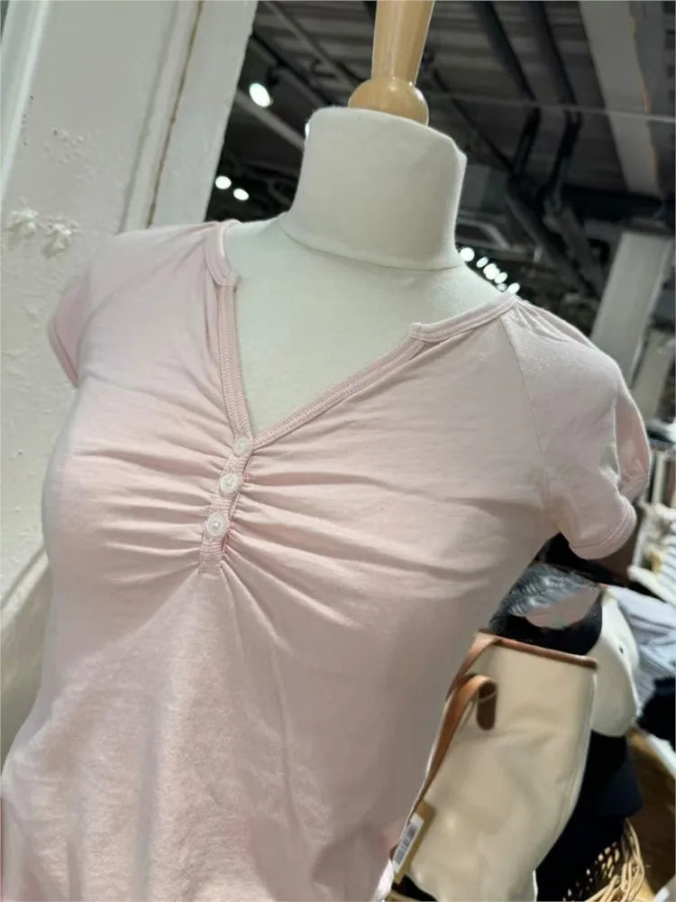 Sweet Pink V-neck Buttons Fold T-shirts Women Summer Casual Cotton Slim Short Sleeve Tee Simple Cute All-match Tshirt Y2K Tops