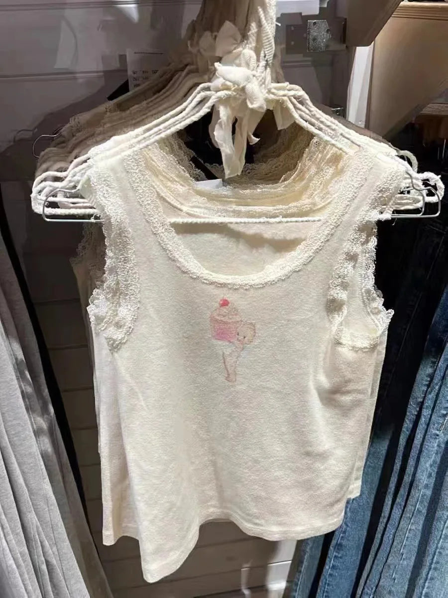 Cute Cartoon Print Lace Trim Vests Women Summer White Cotton Soft O-neck Tank Tops Female Sweet Casual Vintage Chic Y2K Crop Top