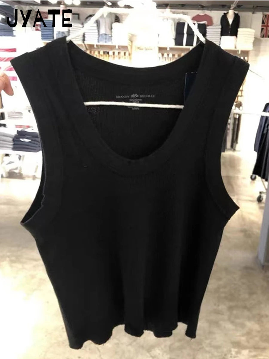 Simple Ribbed U-neck Crop Tops Women New Cotton Casual Slim Preppy Style Sleeveless Cropped Vest Vintage Basic Chic Tank Top Y2K