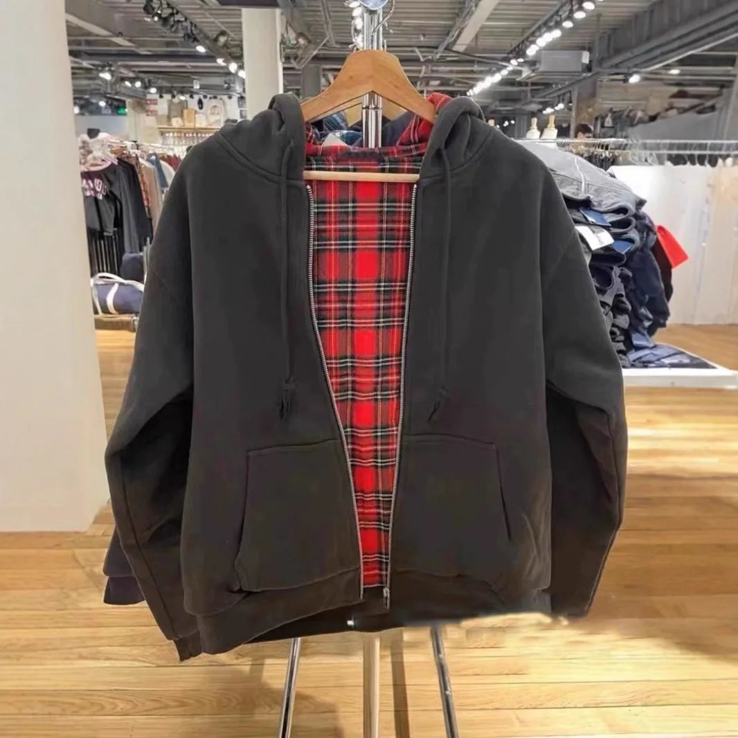 Plaid Print Thick Hoodie Coat Women Autumn Pockets Zip-up Drawstring Classic Pullover Tops Vintage Harajuku Y2K Chic Sweatshirts