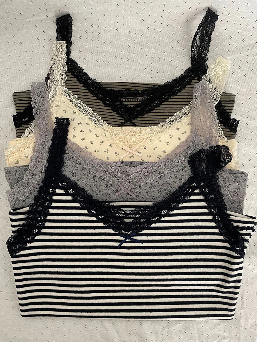 Floral Bow Lace Trim Crop Tops Women Summer Preppy Style Sleeveless Slim Cotton Tank Top Sweet Cute Vintage Camisole Clothes