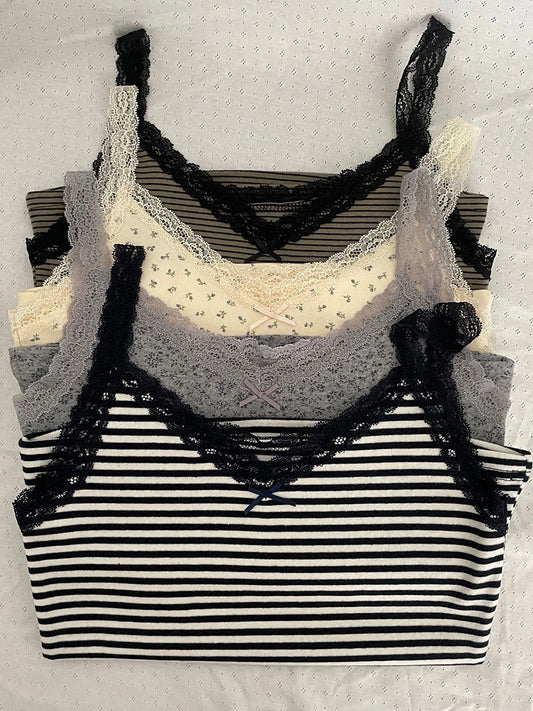 Floral Bow Lace Trim Crop Tops Women Summer Preppy Style Sleeveless Slim Cotton Tank Top Sweet Cute Vintage Camisole Clothes