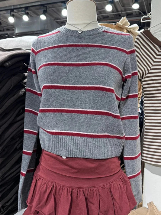Striped Jacquard Sweaters Woman Spring Crew Neck Long Sleeve Cotton Jumper Female Casual Sweet Preppy Style Pullovers