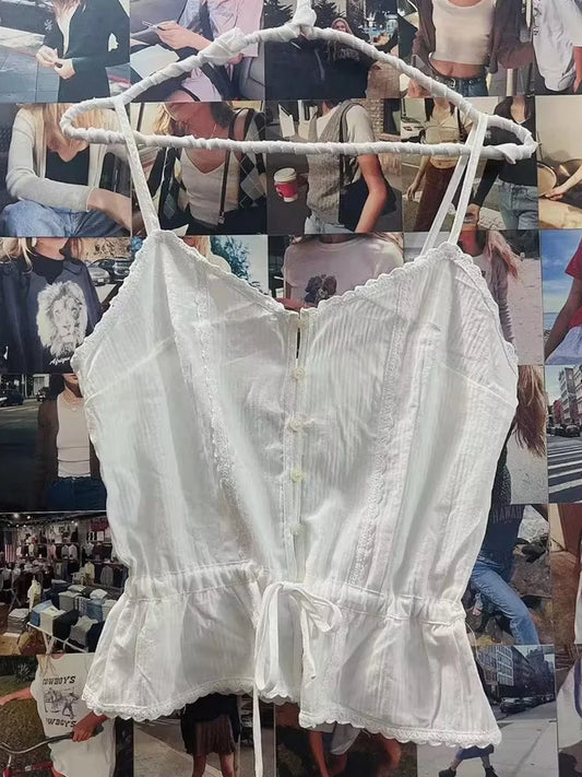 Fashion Lace-up Bow Cotton Tank Tops Women Summer White V-neck Casual Lace Patchwork Sleeveless Vests Vintage Sweet Cute Camis