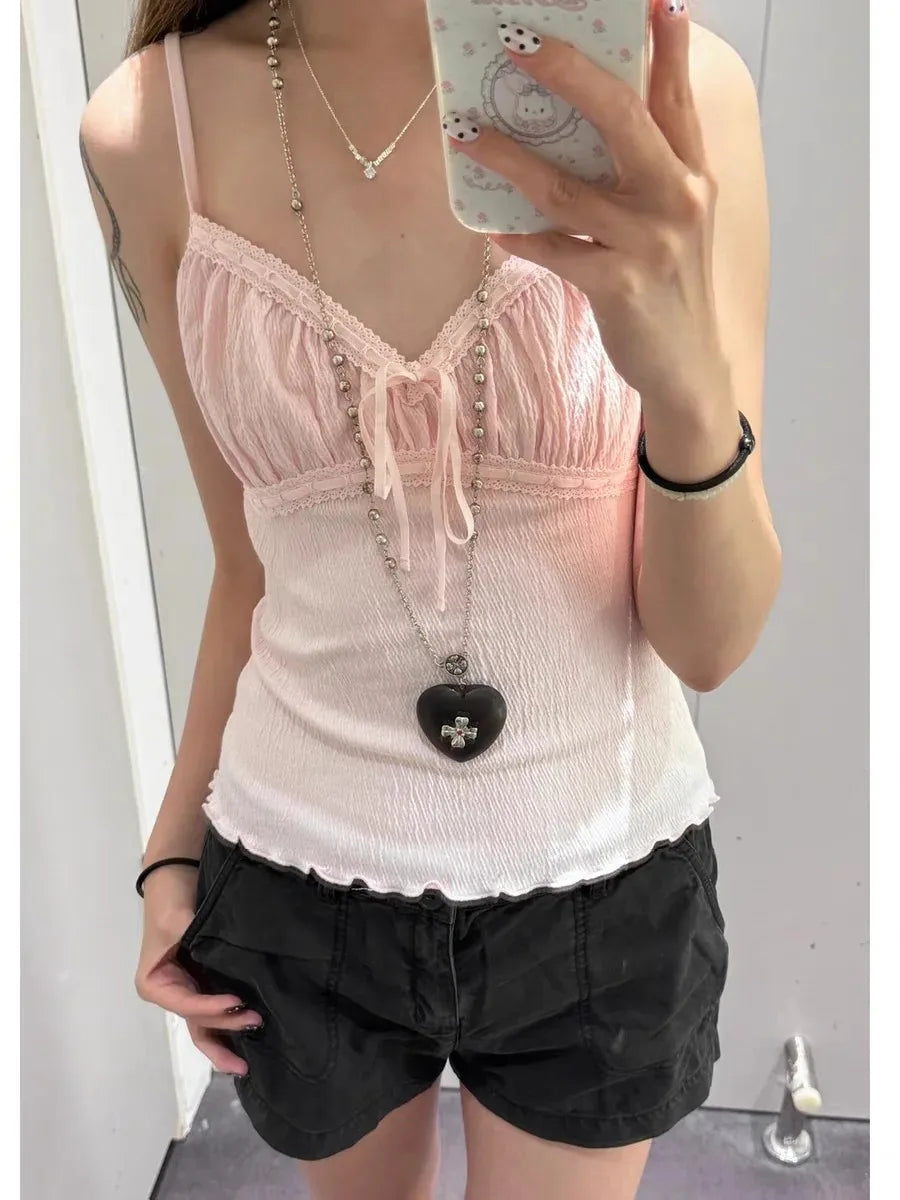 Vintage Solid Folds V-neck Tank Tops Women Summer Casual Slim Lace-up Sleeveless Vests Cute Preppy Style Simple Camisole Y2K