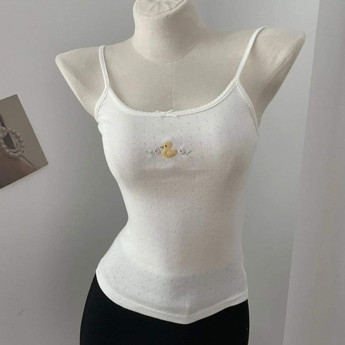 Cute Little Duck Embroidery Tank Tops Women Summer New Casual Slim Bow Sleeveless Vests Sweet Preppy Style Camisole Y2K Clothes