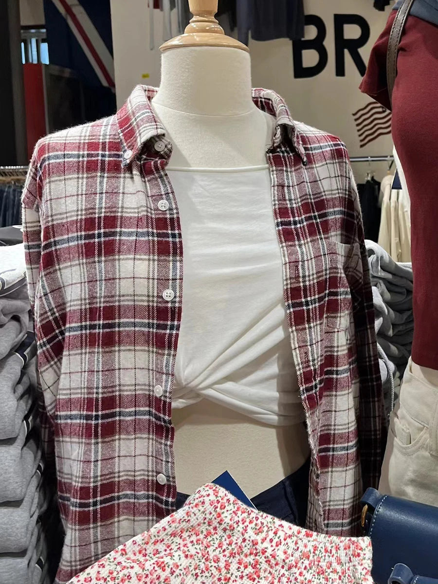 Retro Red Plaid Button Loose T-shirts Women Cotton Turn Down Collar Casual Simple Tees Coat Vintage Chic Streetwear Blouse Y2K