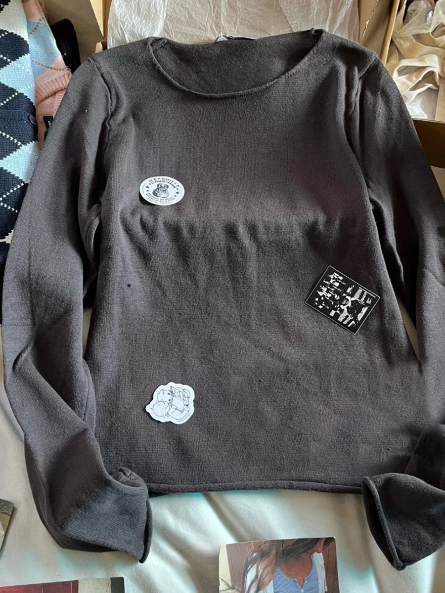 Gray Raw Trim Knit Cropped Sweater Women Scoop Neck Long Sleeve Cotton Loose Jumper Autumn Simple Sweet Oversized Crop Top Y2K