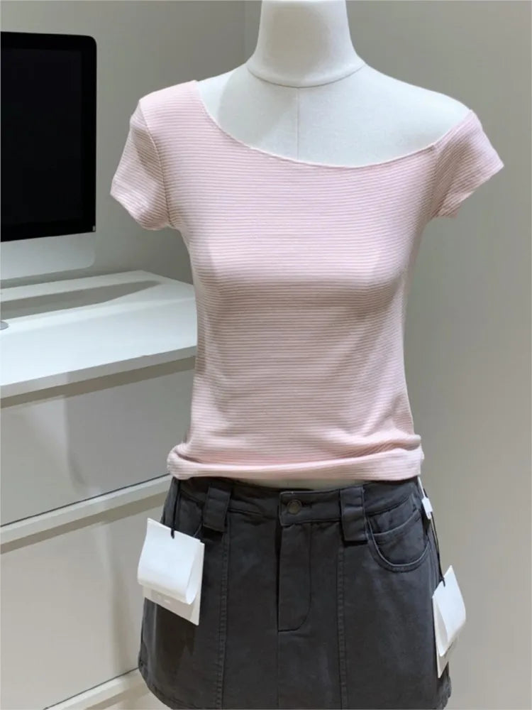 Pink Striped Crop Tops Women Summer Sexy Slash Neck Slim Cotton Short Sleeve Tees Female Chic Sweet Preppy Style T-shirts New