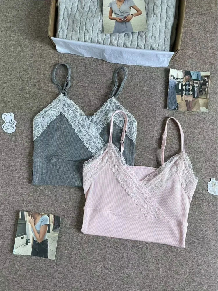 Pink V-neck Lace Trim Camisole Women Summer Casual Simple Basic Slim Cotton Sleeveless Veats Sweet Cute Preppy Style Tank Tops
