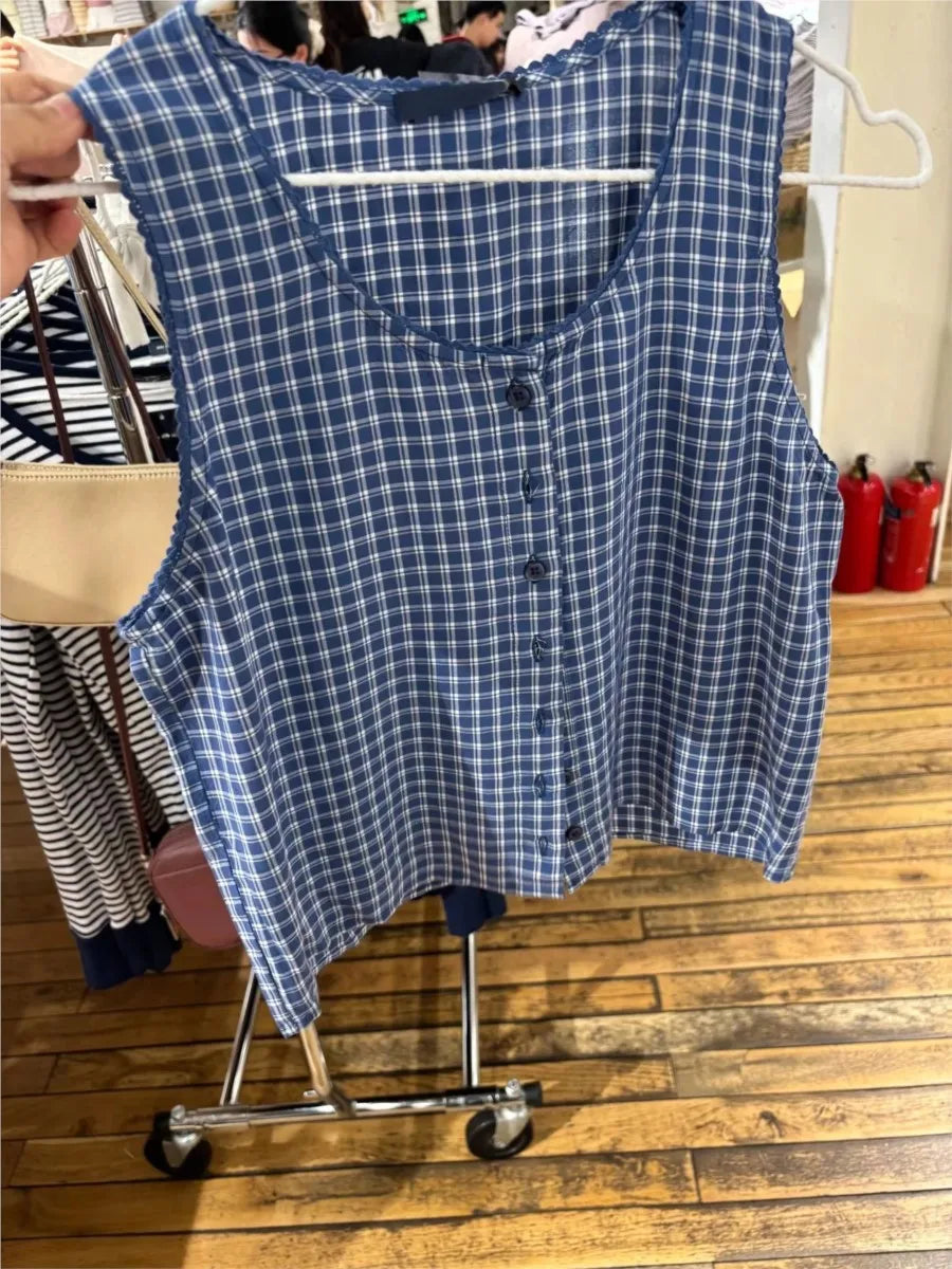 Vintage Blue Plaid Lace Trim Tank Top Woman Summer Round Neck Sleeveless Single Breasted Vest Female Preppy Style Crop Tops Y2K