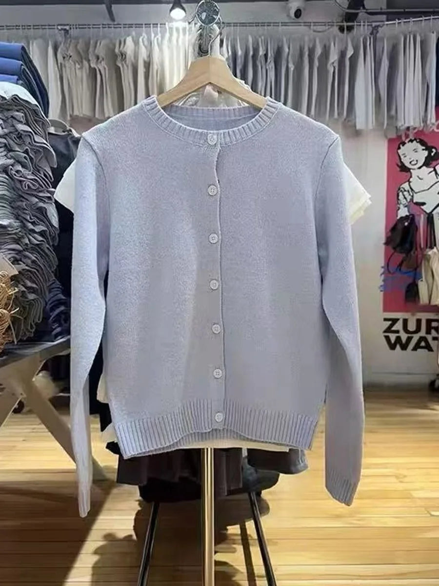 Blue Vintage Long Sleeve Knitted Cardigan Women New Cotton O-neck Casual Button Jumper Coat Sweet Preppy Style Sweater Y2K Tops