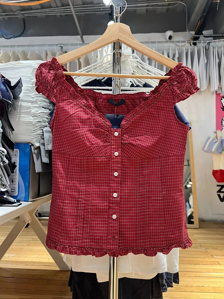 Red Floral Folds Buttons Blouse Vests Women New Casual Single Breasted Ruffle Sleeveless Tank Tops Sweet Cute Elegant Camis OOTD