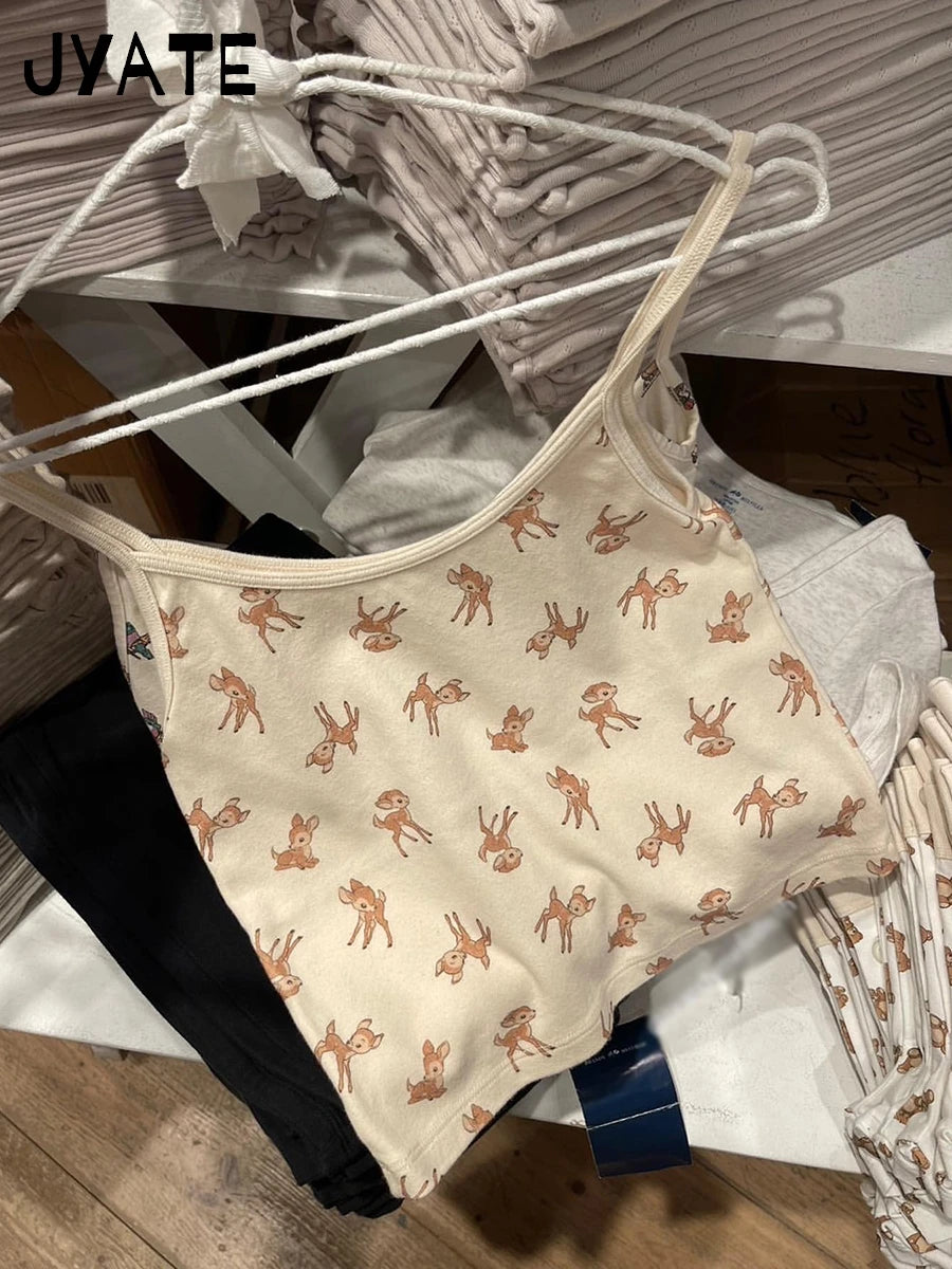 New Cute Little Deer Print Camisole Women Summer Cotton O-neck Simple Casual Slim Cropp Vests Sweet Vintage Chic Tank Tops Y2K