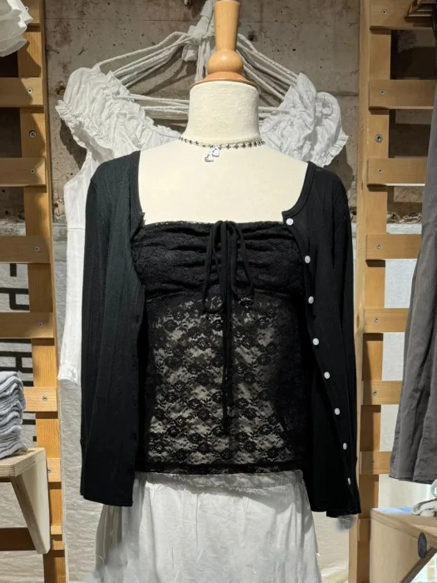 Eyelet Black Button Tops Cardigan Women New Cotton Patchwork Half Sleeve Tees Female Vintage Preppy Style Harajuku T-shirts Y2K