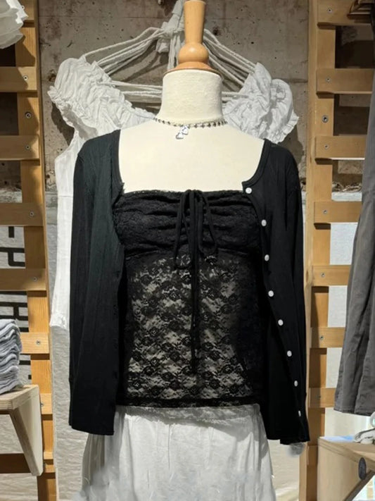 Eyelet Black Button Tops Cardigan Women New Cotton Patchwork Half Sleeve Tees Female Vintage Preppy Style Harajuku T-shirts Y2K