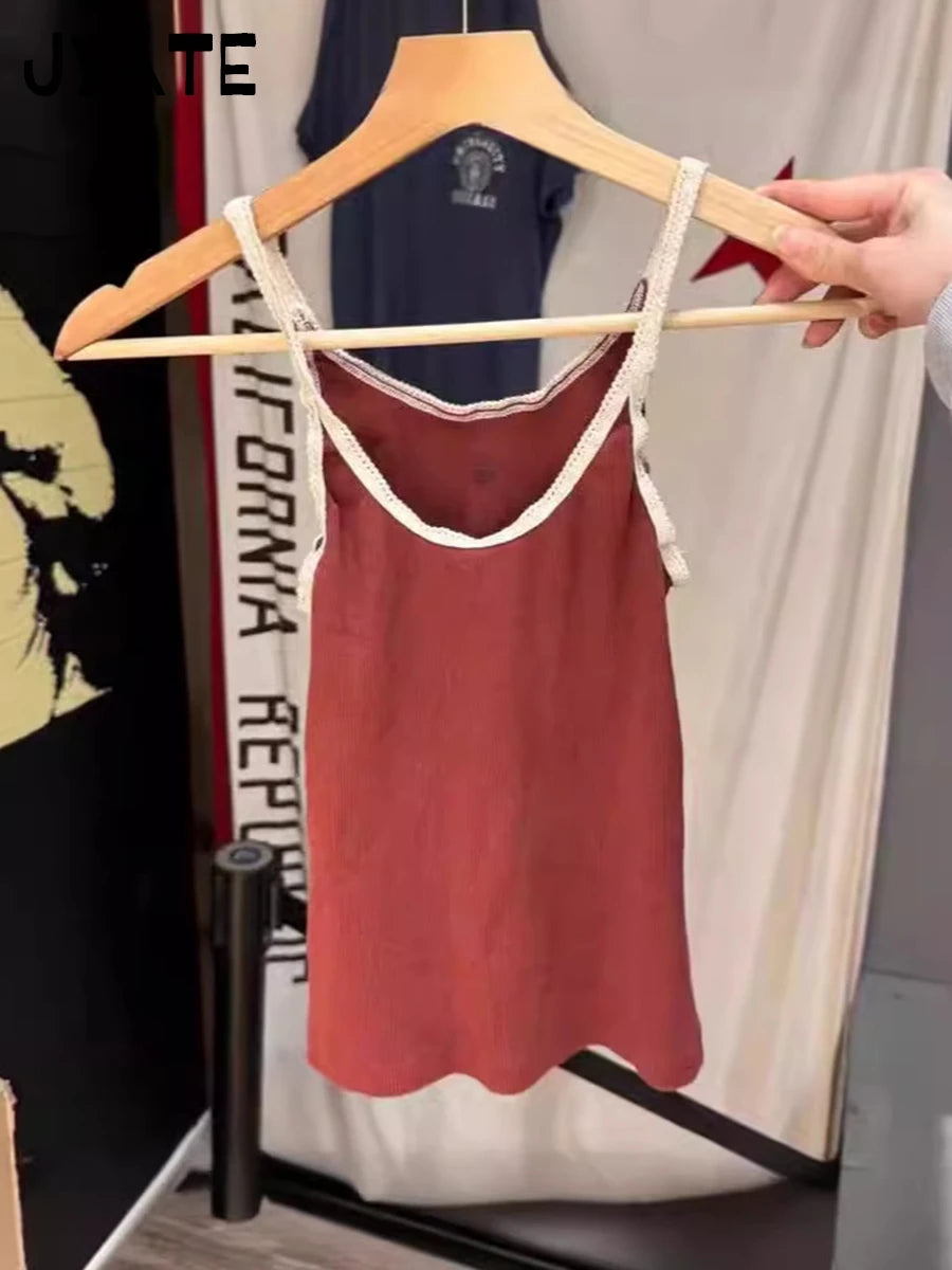 Vintage Red Cotton Waffle Sleeveless Vests Women Summer Simple Lace Trim Casual Slim Sexy Tank Tops Sweet Cute Chic Camisole Y2K