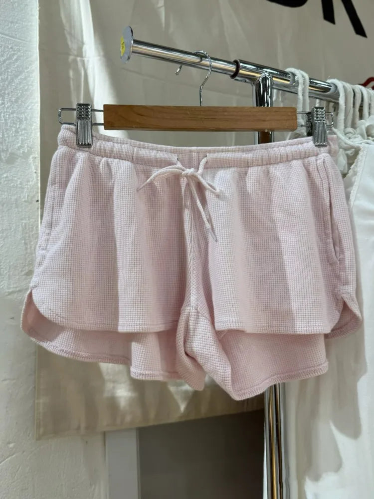 Sweet Pink Waffle Sports Shorts Women New Casual Pockets Drawstring Elastic High Waist Short Cute Preppy Style Short Pants Y2K