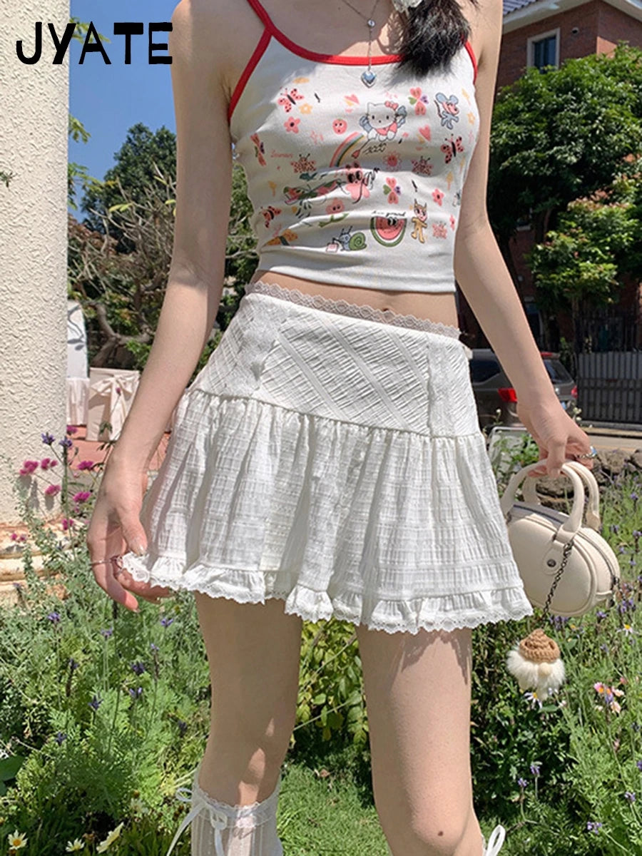 Sweet White Lace Trim Mini Skirts Women Summer Cotton High Waist Folds Texture Short Faldas Cute Preppy Style Y2K A-line Skirt