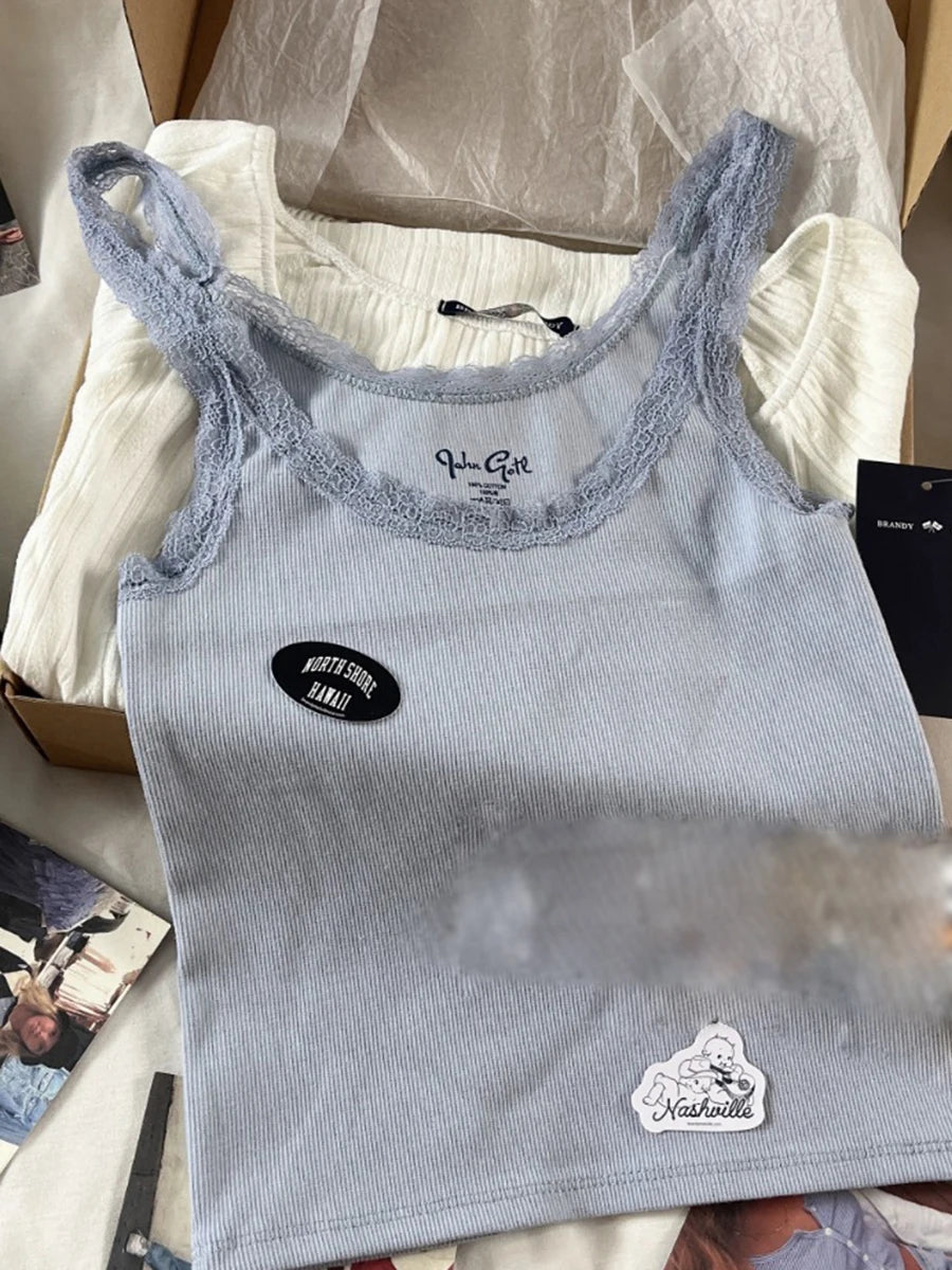 Vintage Lace Trim Blue Ribbed Camis Women New Casual Streetwear Slim Sexy Cotton Sleeveless Vests Sweet Cute Chic Tank Tops Y2K