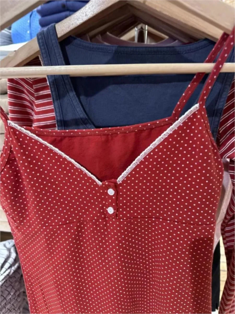 Red Polka Dot Two Button Cotton Tank Top Women New Casual Slim Sexy Lace Trim Cropped Vests Female Vintage Simple Chic Camis Y2K