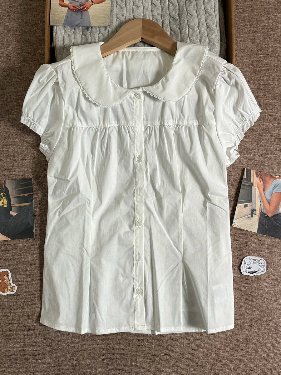 Cute Pink Plaid Peter Pan Collar Blouse Women New Casual Streetwear Buttons Short Sleeve Tee Sweet Preppy Style T-shirts Y2K Top