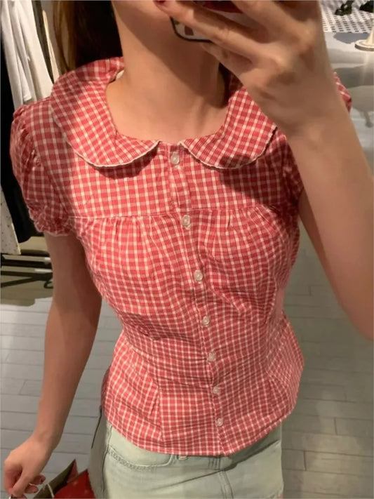 Sweet Peter Pan Collar Blouse Women Casual Streetwear Buttons Short Sleeve Tees Cute Preppy Style Chic T-shirts Y2K Blouses