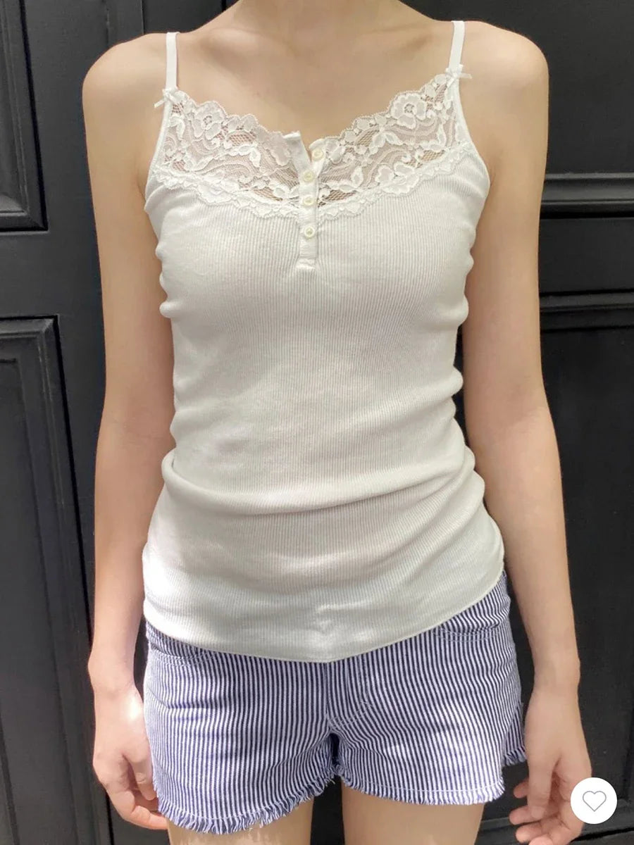 Fashion White Lace Trim Button Ribbed Slim Tank Top Women Summer Sleeveless Cotton Simple Vest Vintage Sweet Basic Camis Y2K Top