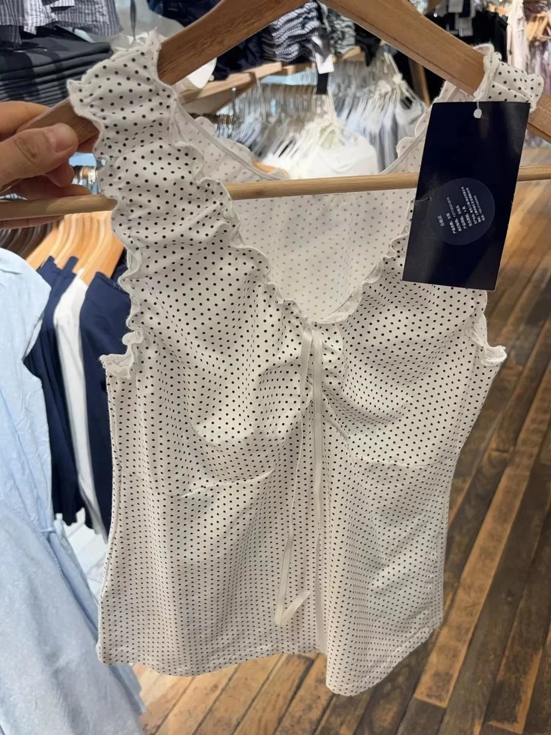 Sweet Polka Dot White Tank Top Woman Summer Folds Bow V-neck Cotton Slim Camisole Cute Vintage All-match Crop Top Y2K Vest New