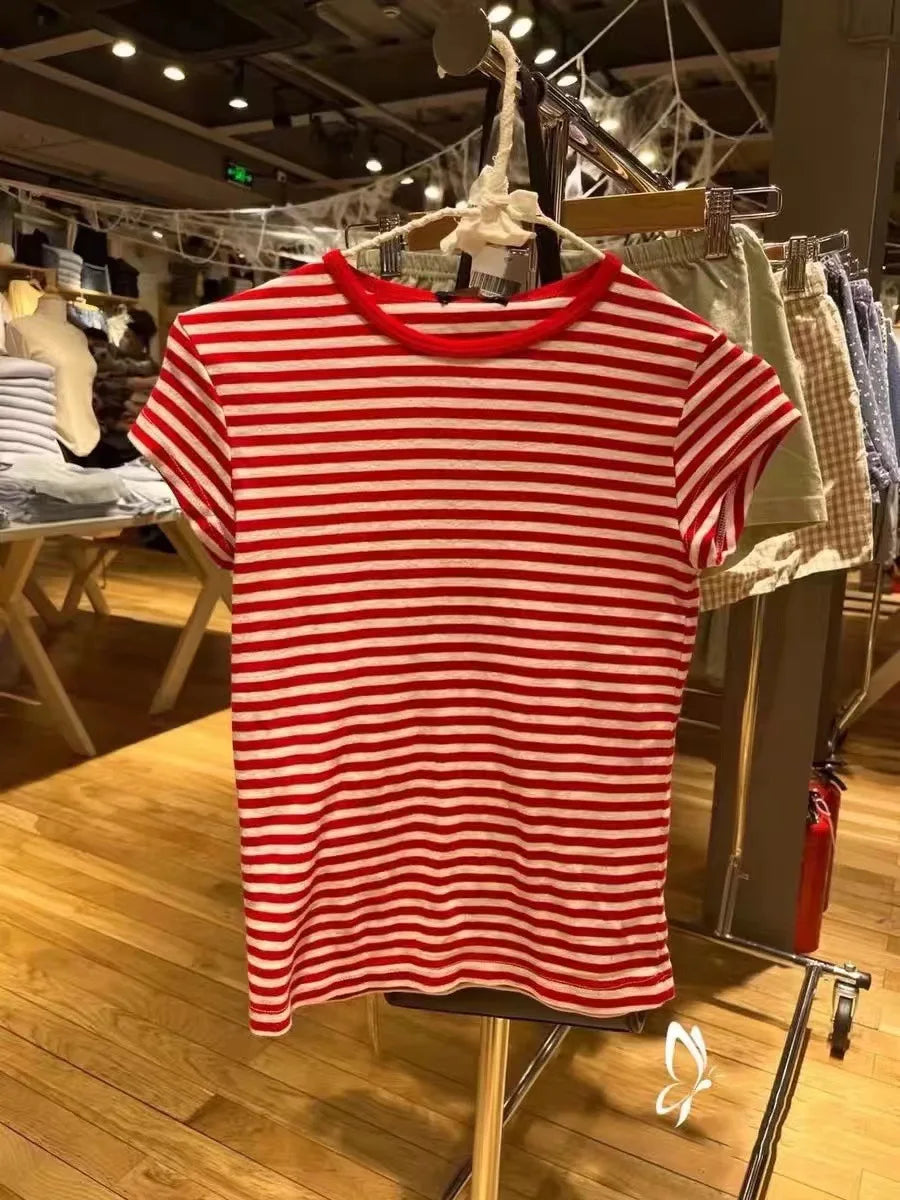 Blue Striped O-neck T-shirts Women Summer Simple Casual Streetwear Slim Short Sleeve Tees Vintage Preppy Style Sweet Tshirt Y2K