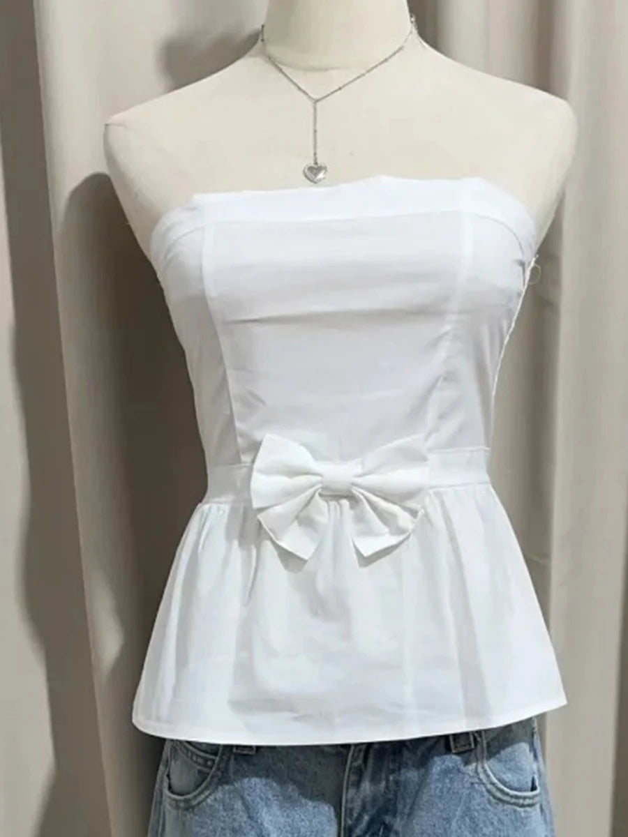 Bow Blue Striped Tube Top Women New Cute Strapless Cotton Sleeveless Vest Summer Preppy Style Sweet Casual Crop Tank Tops