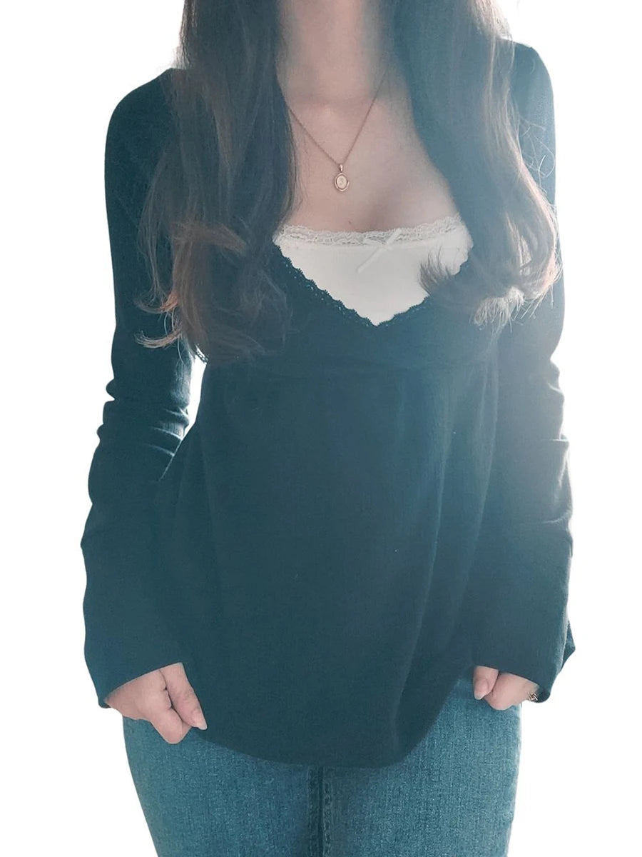 Sexy Lace Trim V-neck Long Sleeve Tees Women Spring Casual All-match Simple Slim Babydoll Top Sweet Cute Preppy Style T-shirts