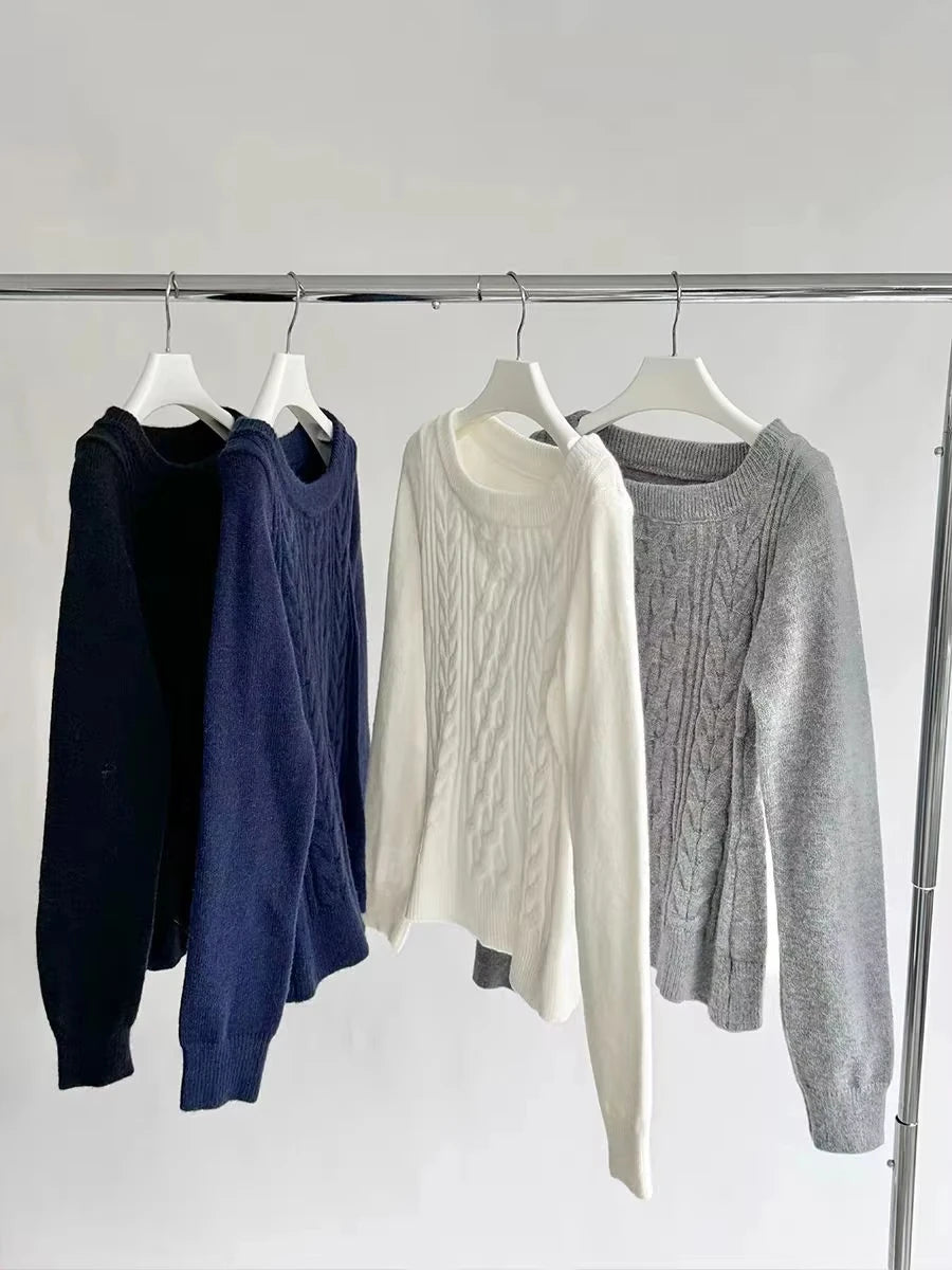 Gray Slash Neck Slim Knitted Sweater Women Casual Long Sleeve Cotton Pull Sweaters Vintage Simple Preppy Style Jumpers