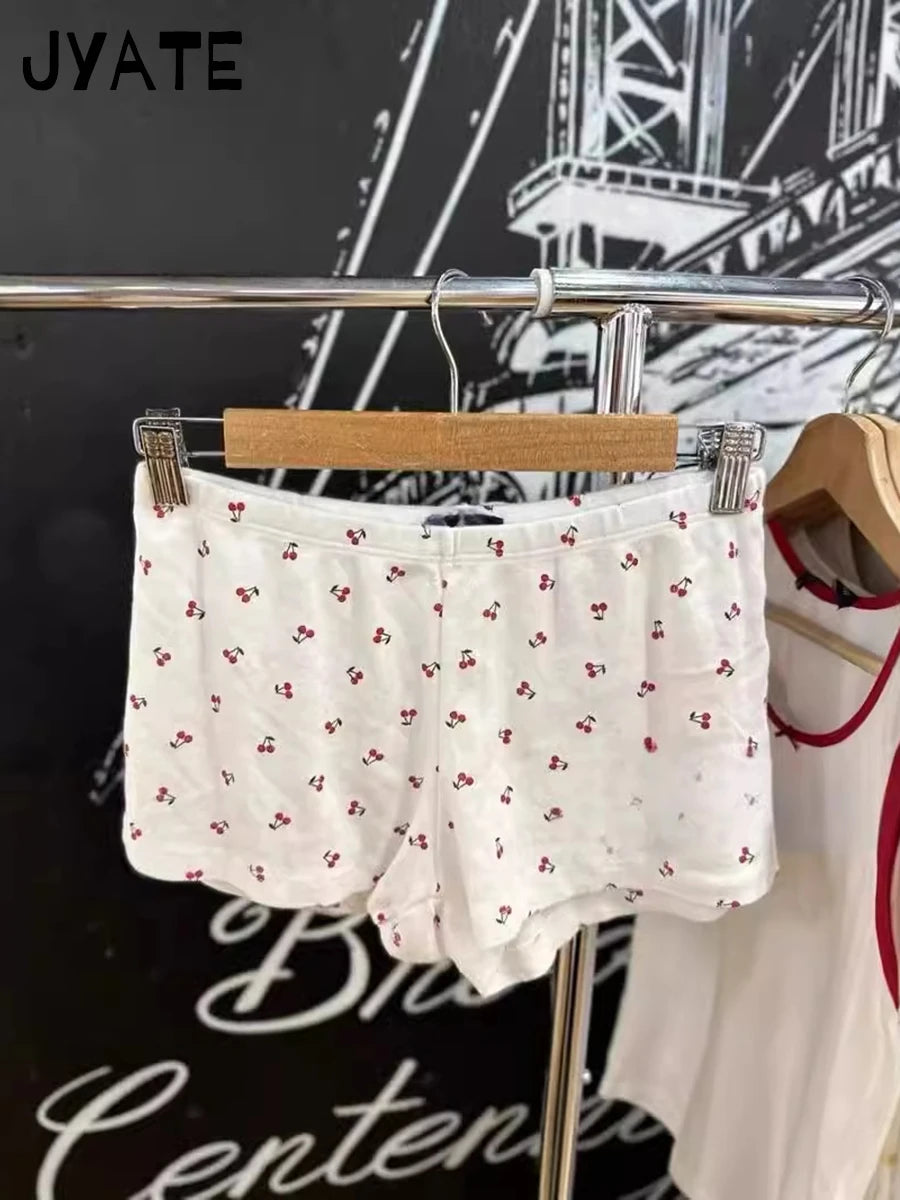 Cherry Print Eyelet Straight Home Underwear Women New Cotton Soft Elastic Waist Pajama Short Pants Sweet Cute Preppy Shorts Y2K