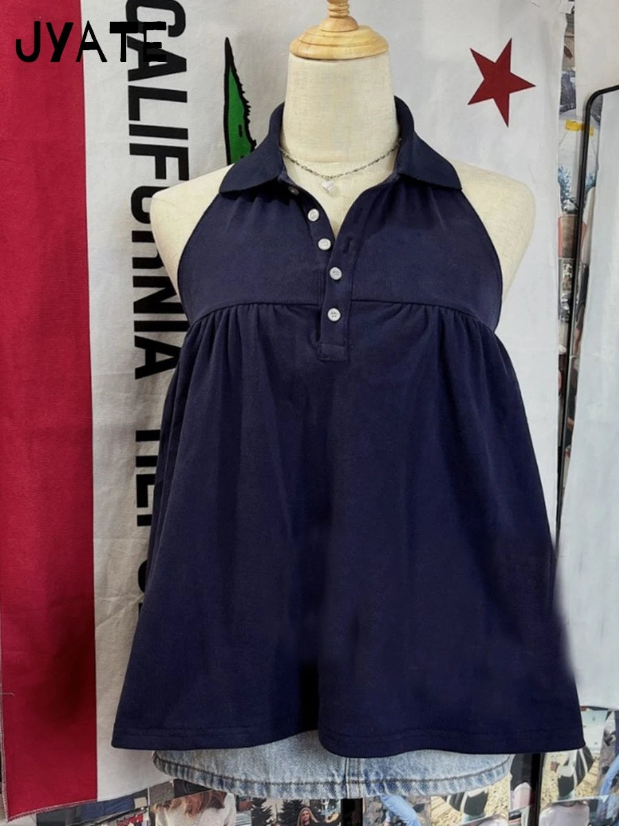 American Sexy Backless Navy Tank Tops Women Summer Bottons Cotton Halter Sleeveless Vests Vintage Preppy Style Y2K Camisole New