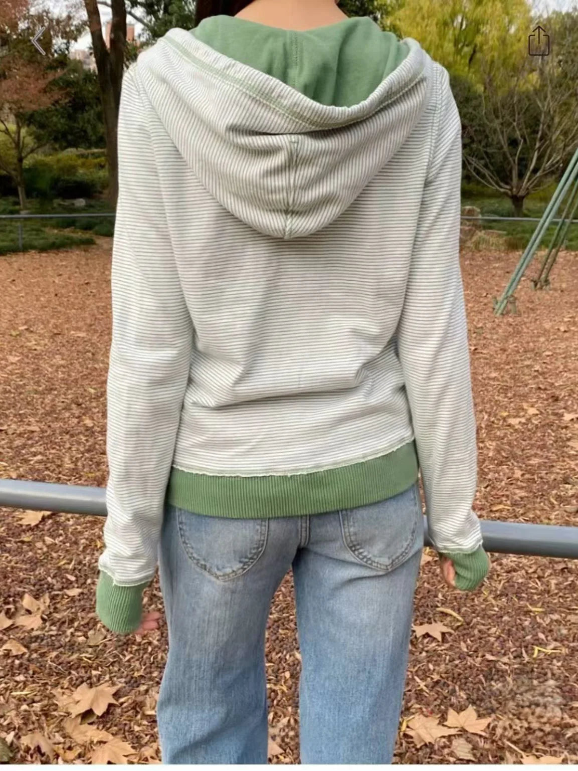 Green Striped Sweatshirts Women Autumn Cotton Pockets Hoodies Vintage Sweet Cute Coat