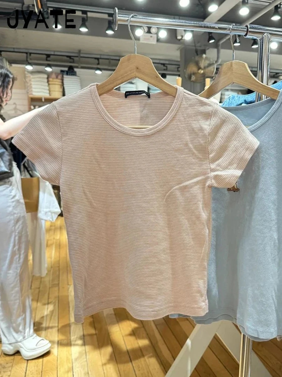 Sweet Pink Striped O-neck Cropped Tee Women Summer Cotton Soft New Casual Short Sleeve Tops Cute Vintage Streetwear T-shirts Y2K