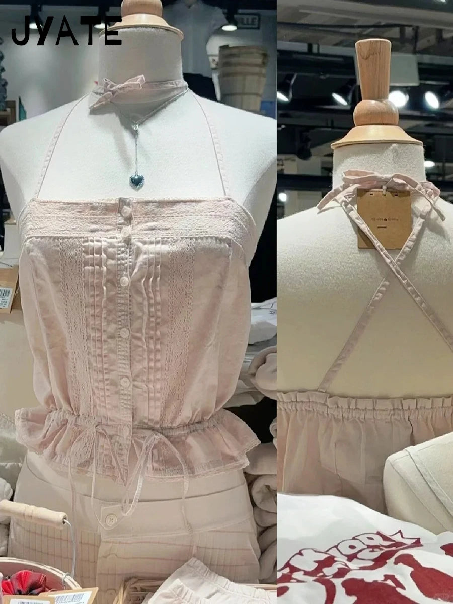 Sweet Pink Hollow Out Strappy Tank Tops Women Summer New Cotton Slim Ruffles Buttons Cropped Vests Vintage Sexy Chic Camis Y2K