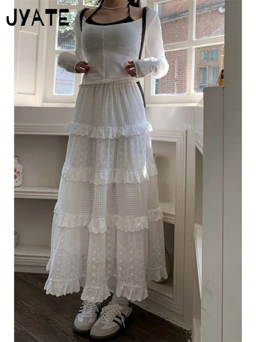 Sweet Floral Embroidery Ruffle Long Skirts Women New Casual Elastic High Waist A-line Falda Vintage Chic Preppy Style Maxi Skirt