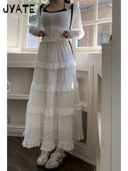 Sweet Floral Embroidery Ruffle Long Skirts Women New Casual Elastic High Waist A-line Falda Vintage Chic Preppy Style Maxi Skirt